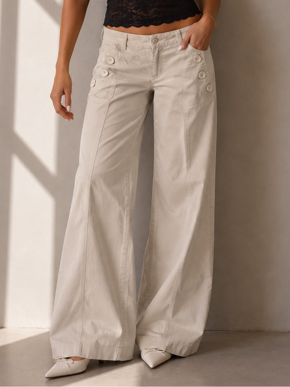 Y2K Streetwear Society Beige Low Rise Wide Leg Trousers